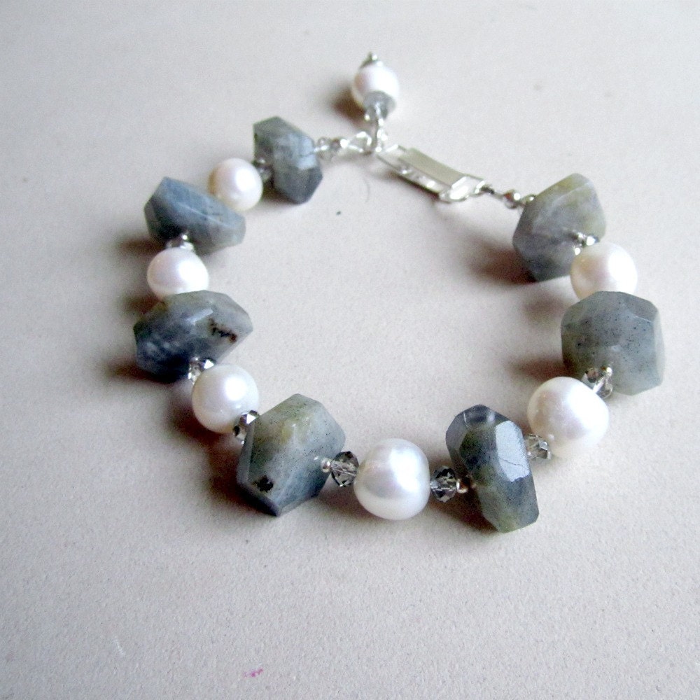 Labradorite Pearl Bracelet Sterling Silver Jewelry Natural Gemstone Jewellery Gray Grey June Birthstone Chunky Crystal Charm B-67