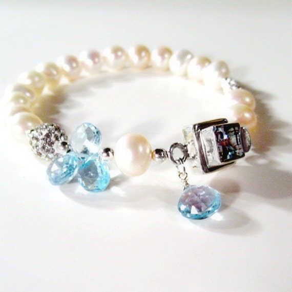 Light Blue Topaz Bracelet Sterling Silver Jewelry December Birthstone Jewellery Pearl Gemstone Swarovski Crystal Luxe Box Clasp B-132