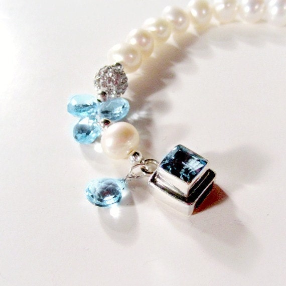 Light Blue Topaz Bracelet Sterling Silver Jewelry December Birthstone Jewellery Pearl Gemstone Swarovski Crystal Luxe Box Clasp B-132