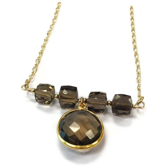 Brown Smoky Quartz Necklace Bead Bar Yellow Gold Jewelry Gemstone Jewellery Pendant Chain Mother's Day Gift N-206
