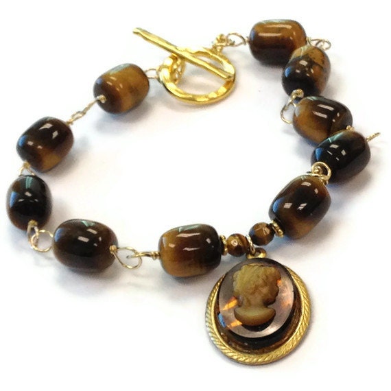 Brown Cameo Bracelet Tigers Eye Bracelet Yellow Gold Jewelry Gemstone Jewellery Charm Tortoise Shell Profile Silhouette Shadow TBM