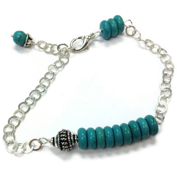 Turquoise Bracelet Bead Bar Sterling Silver Jewelry Chain Jewellery 925 Asymmetric Stack Layer Gemstone B-216