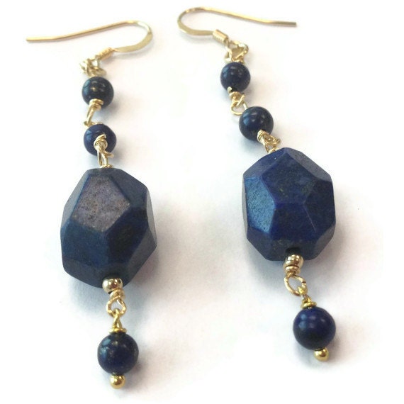 Navy Blue Earrings Lapis Earrings Yellow Gold Jewelry Lapis Lazuli Jewellery Natural Gemstone Denim Dangle Chunky ER-131