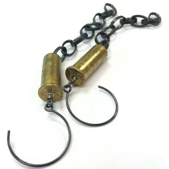 Bullet Earrings Shell Casings Brass and Oxidized Sterling Silver Chain Hipster Dangle Earrings Bullet Jewelry Mixed Metallic ER-TBM