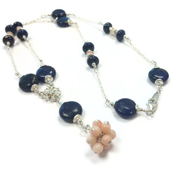 Navy Blue Lapis Necklace Sterling Silver Jewelry Coral Lapis Lazuli Natural Gemstone Jewellery Navy Salmon Peach Chain Beaded Pendant N-230