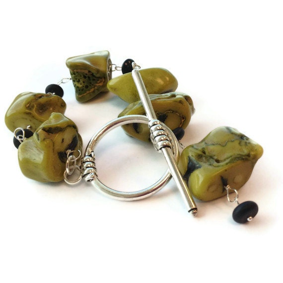 Green Bracelet Coral Bracelet Black and Green Sterling Silver Jewellery Chunky Natural Gemstone Mod Funky Statement B-224