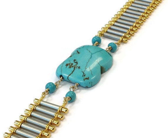 Turquoise Bracelet Gold & Silver Jewelry Mixed Metal Jewellery Chain Everyday Minimal Graduation Gifts Fashion Gemstone Trendy Band B-243