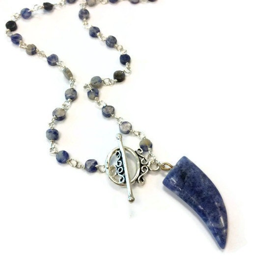 Denim Blue Necklace Sterling Silver Jewelry Sodalite Natural Gemstone Jewellery Wire Wrapped Horn Pendant Charm Unique N-269