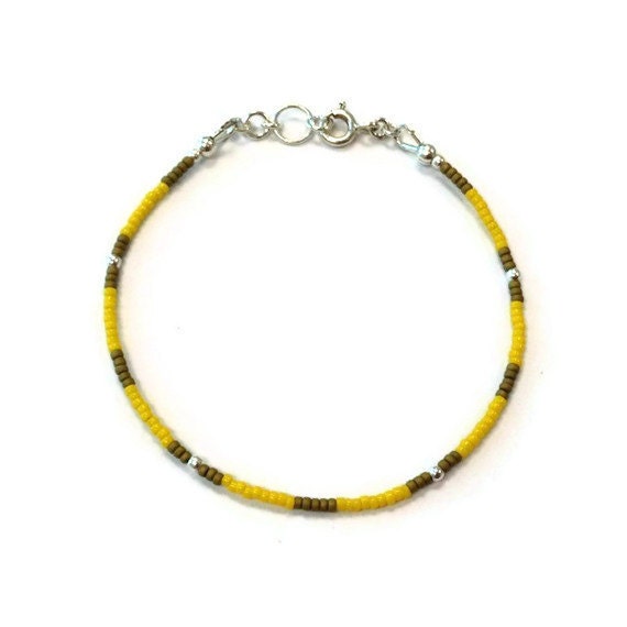 Thin Yellow Bracelet - Sterling Silver Yellow and Tan Beaded Bracelet Stackable Layering Everyday Minimal B-264
