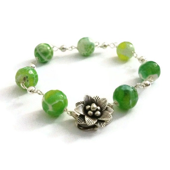 Green Bracelet Agate Gemstone Sterling Silver Jewelry Flower Clasp Spring Fashion Lime Green Apple Green B-261