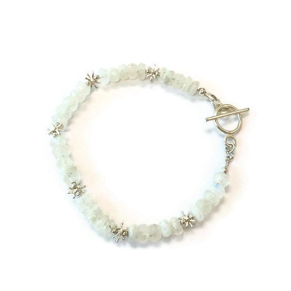 Rainbow Moonstone Bracelet Sterling Silver Jewelry Natural Gemstone Jewellery Iridescent Star Fashion Everyday Minimal Summer Fashion B-273