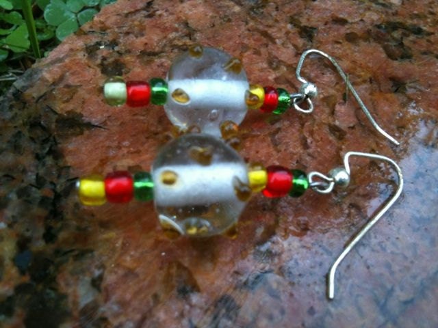 Hippie Earrings, Funky Glass Beads with Rasta Themed Seed Beads