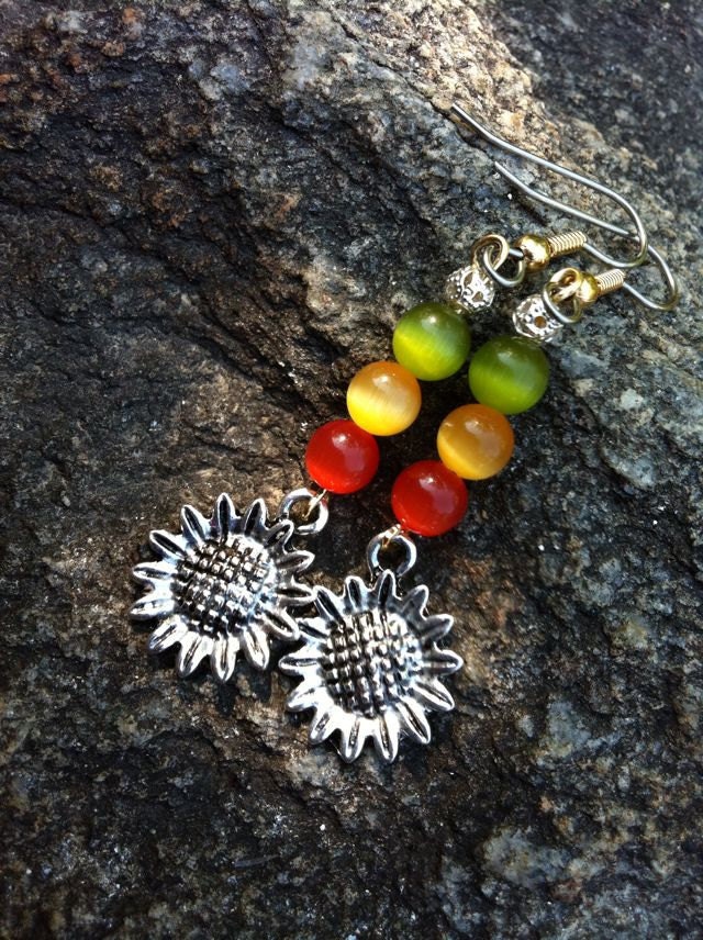 Rasta Earrings with Sunflower Charm, Hippie Earrings