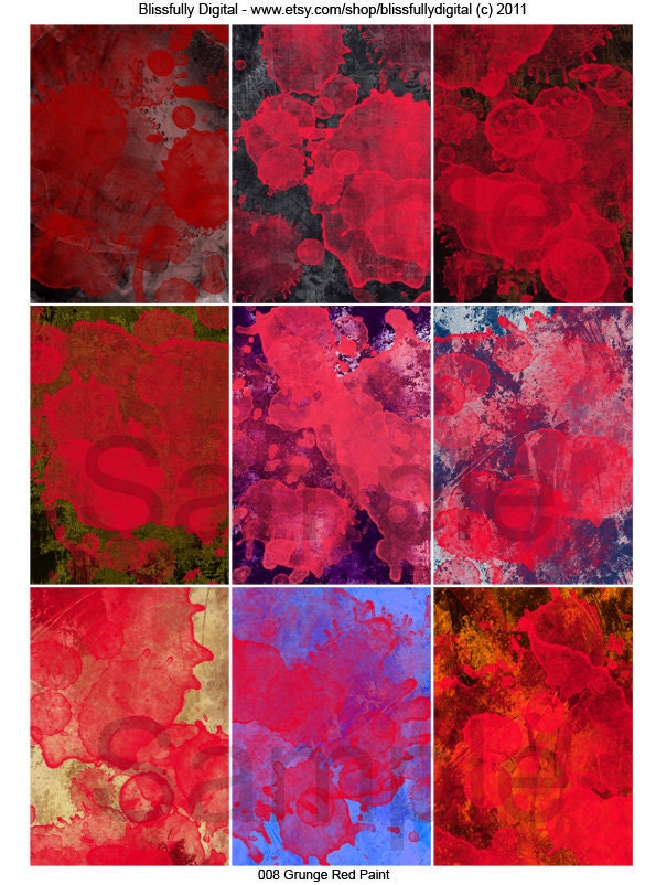 ATC Digital Sheet Collage ACEO Scrapbooking Mixed Media Altered Art Tags Journalling Cards Downloadable  Red Paint Grunge 008