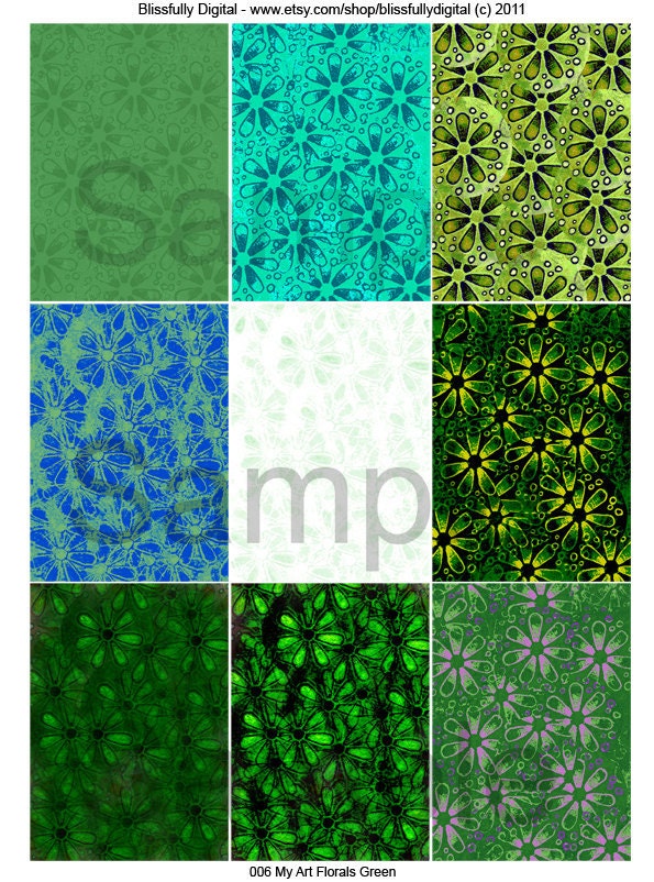 ATC Digital Sheet Collage ACEO Scrapbooking Mixed Media Altered Art Tags Journalling Cards Downloadable  Floral Green 006