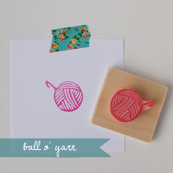 Hand Carved Ball O' Yarn with Crochet Hook Rubber Stamp