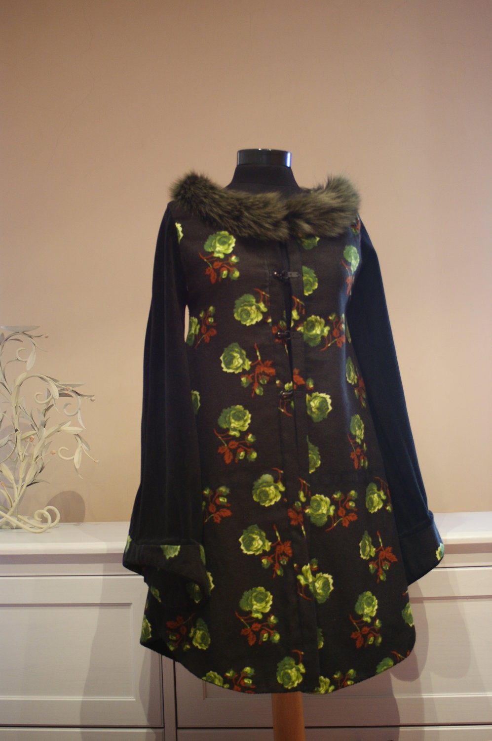 Black Green Floral Long Coat With Green Fur Collar,Kaphtan Sleeves/Fashionable Women Clothing