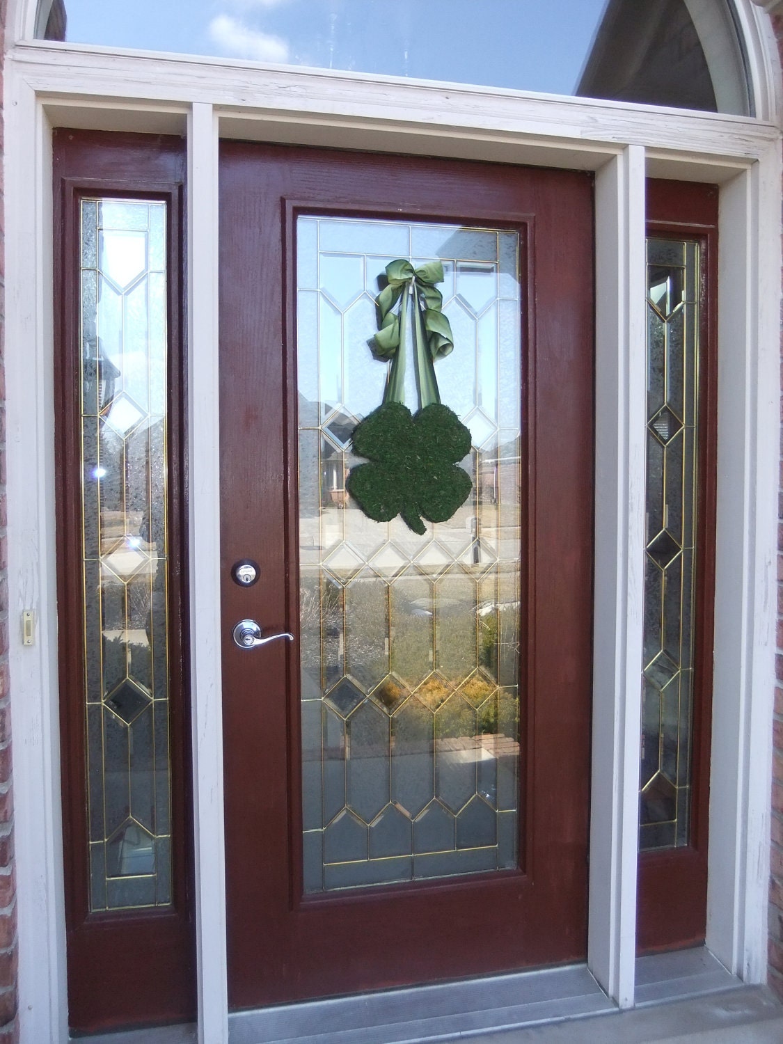 St. Patricks Day Wreath - Moss Shamrock - Moss Covered Wood Shamrock with Multi Color Green Wired Bow.