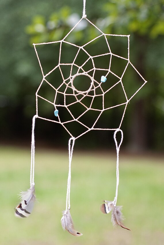 100% Cotton Floating Weave Dreamcatcher with Turquoise and Pheasant Feather, Dream Catcher for Protection