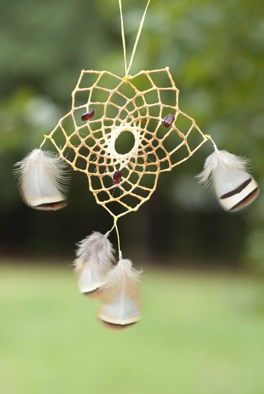 100% Cotton Floating Weave Dreamflower with Garnet, and Pheasant Feather Dream Catcher for Gentleness