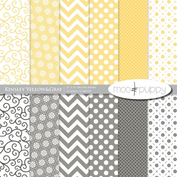 Yellow&Gray Digital Scrapbooking Paper Pack -   Kinsley Yellow and Gray  -- INSTANT DOWNLOAD