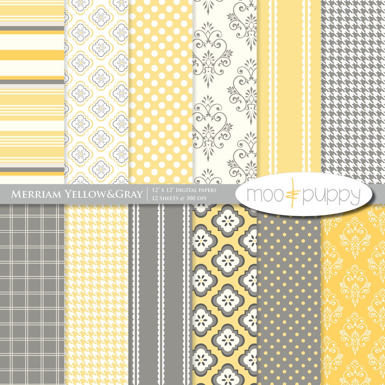 Yellow and Gray Digital Scrapbooking Paper - Merriam Yellow&Gray -- INSTANT DOWNLOAD