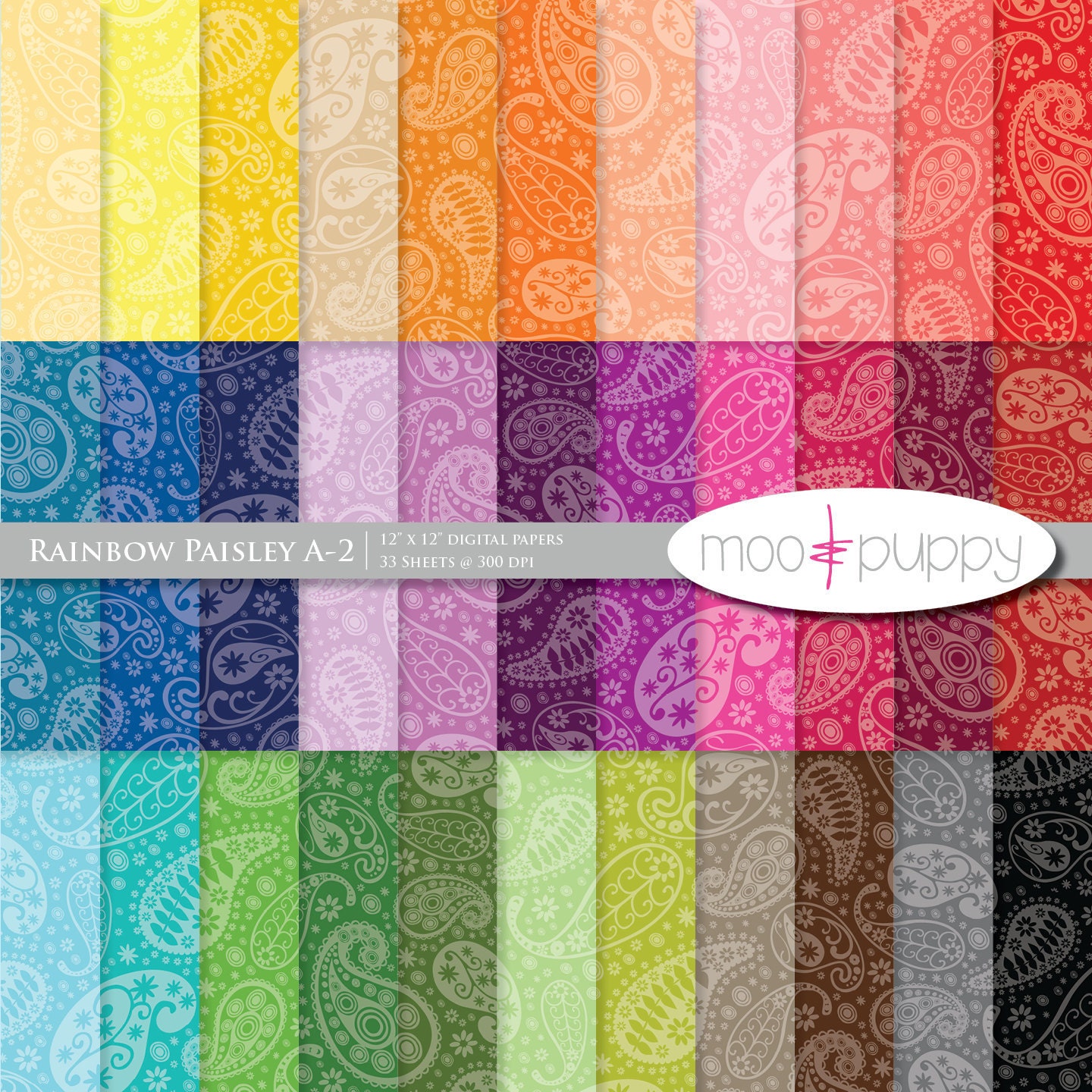 Paisley Digital Scrapbook Paper Pack  --  Rainbow Paisley A 2 (tinted) -- INSTANT DOWNLOAD
