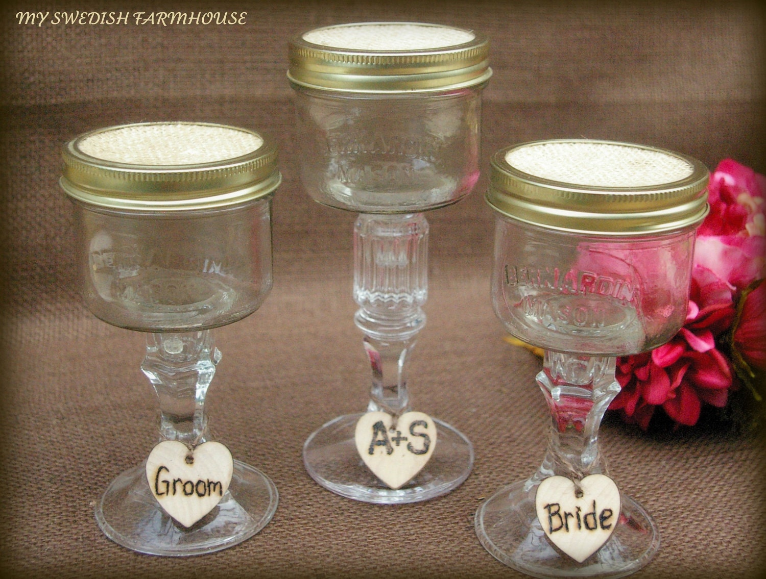 Sand Ceremony Wine Ceremony Mason Jar Glass Set with personalized charms, Rustic Barn Outdoor Woodland Wedding Decor