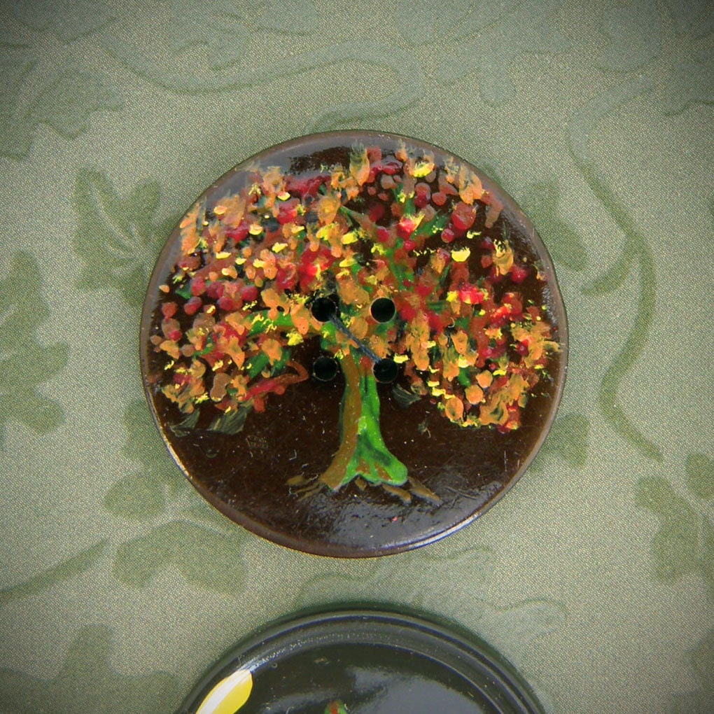 Vintage buttons painted freehand for autumn- maple tree, owl,woodgrain (qty 5)  C026