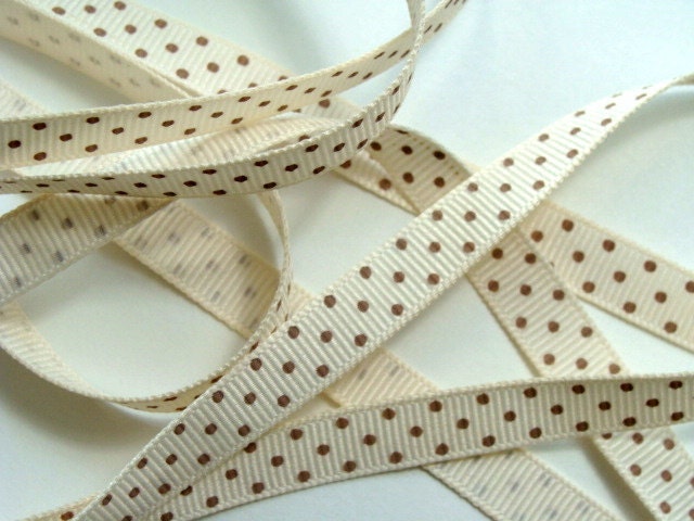 5 yds 3/8" Grosgrain Ribbon Swiss Dots - Ivory with Toffee Dots
