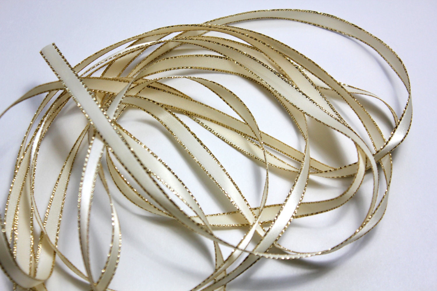 1/4" Ivory Satin Ribbon with a Gold Lurex Edge - 5 yards