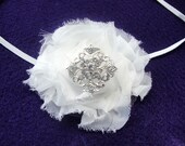 Baby Headband, Baby Flower Headband, White Chiffon with Rhinestone, Christening, Baptism