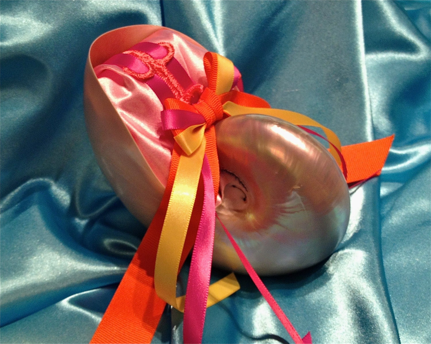 Beach Wedding Iridescent Nautilus Shell Ring Bearer Pillow Alternative in Tropical hues