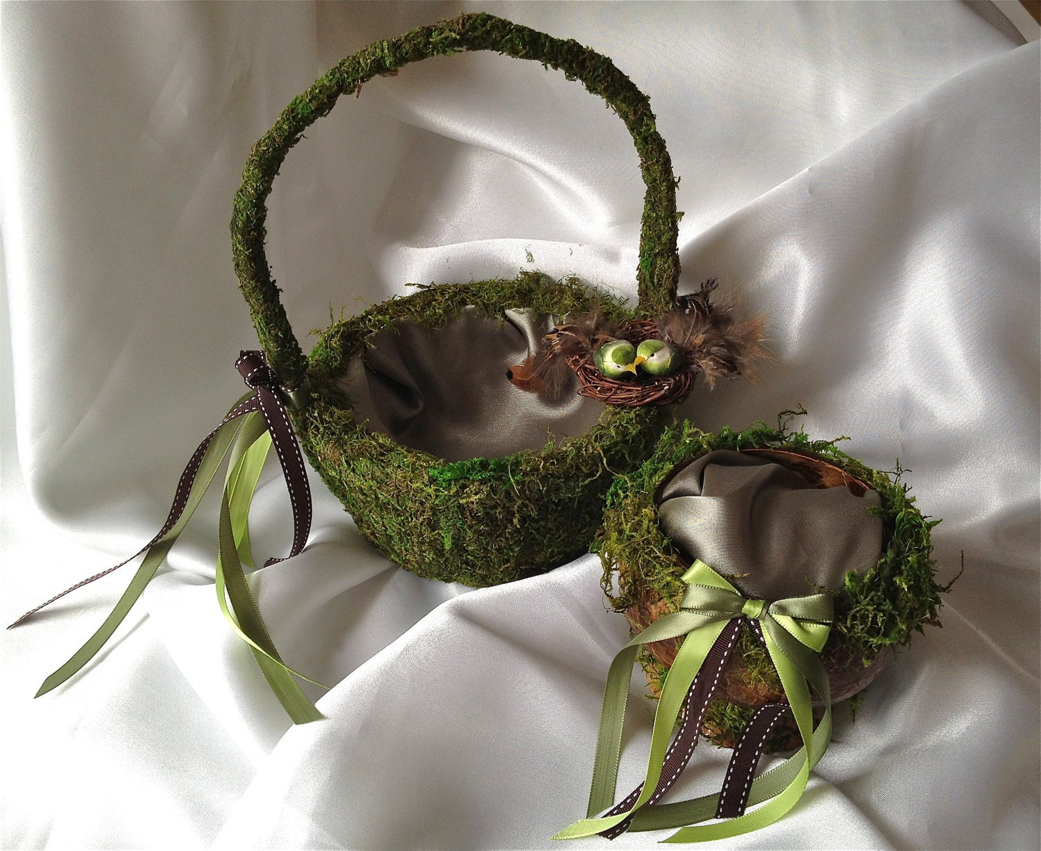 Rustic Woodland Fairy Green Wedding Flower Girl & Ring Bearer Set Alternative w/ Moss and Pheasant Feathered Love Bird Nest