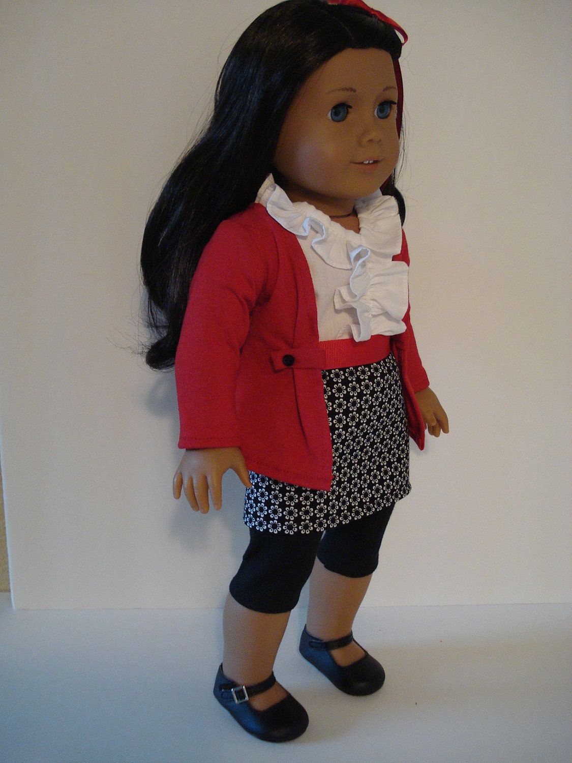 18" American Girl Doll outfit black skirt, white blouse and red jacket