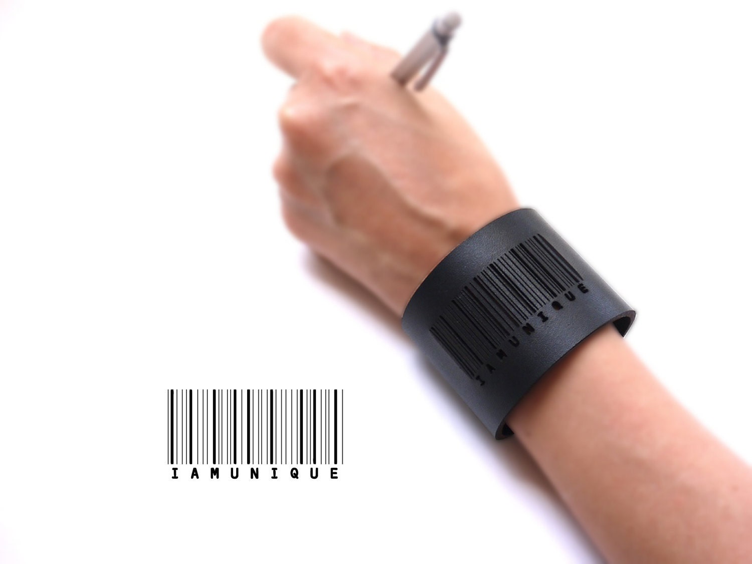 black leather cuff bracelet - Barcode Cuff in Black Leather with Snaps: IAMUNIQUE - modern design, laser cut