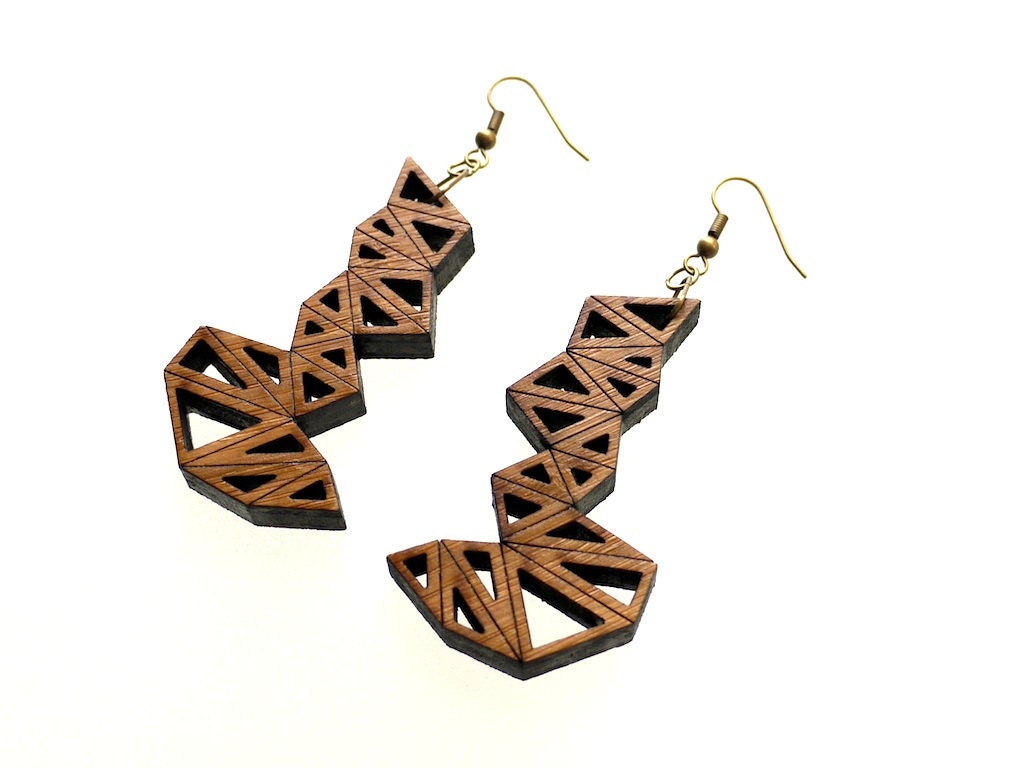 wood jewelry eco friendly modern jewelry, geometric - Bamboo Triangle Cluster Earrings Large.