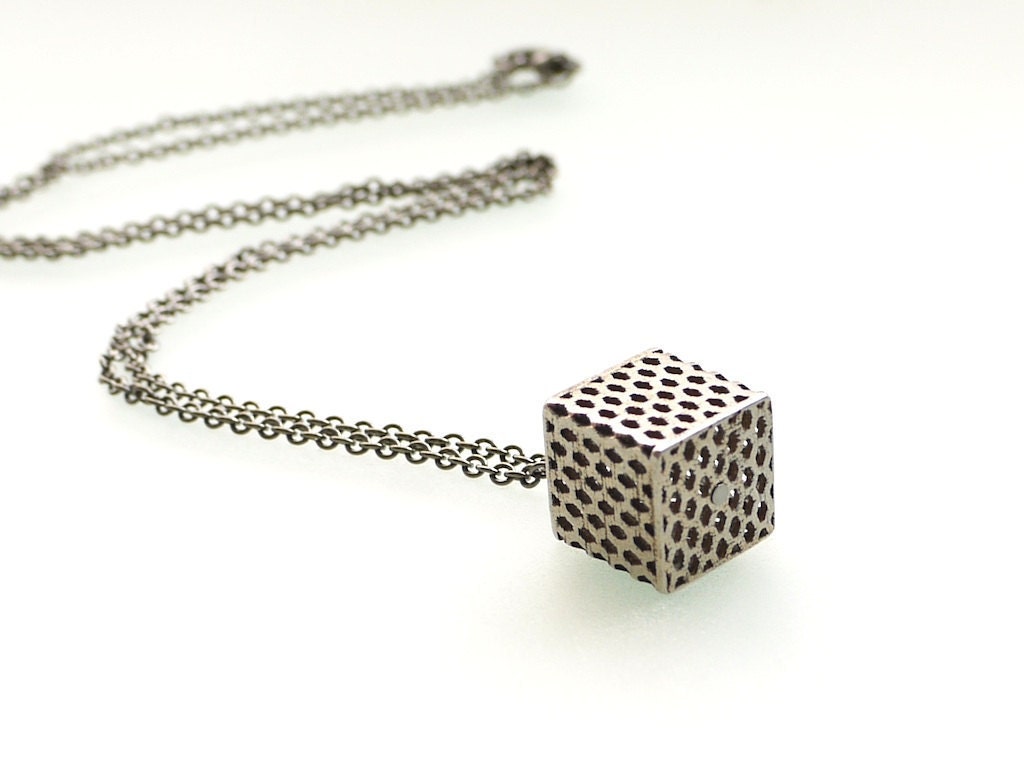 stainless steel pendant - Perforated Honeycomb Cube in Stainless Steel, Small. modern jewelry 3d printed industrial