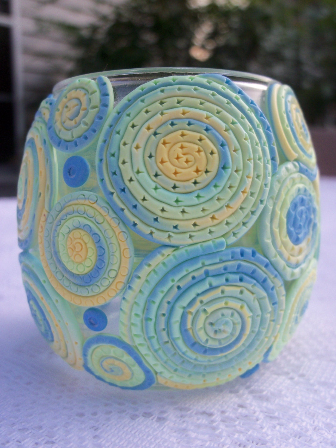 Candle Holder, Polymer Clay Decorated Votive Holder - Summery Pastels
