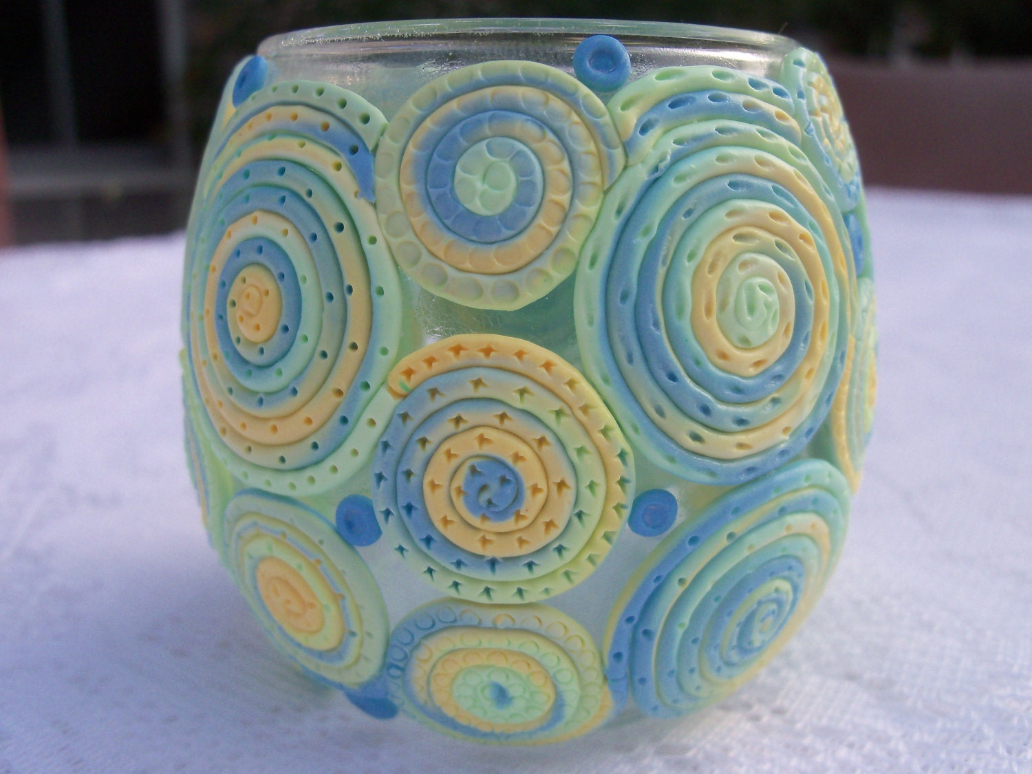Candle Holder, Polymer Clay Decorated Votive Holder - Summery Pastels