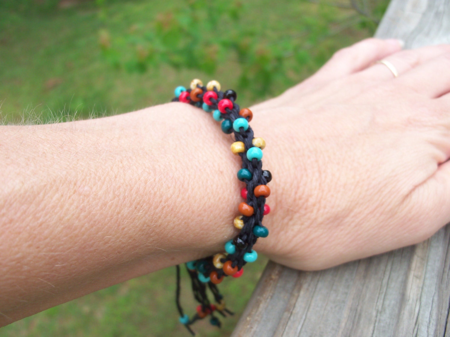 Kumihimo Beaded Bracelet, Hemp and Bead Bracelet, Adjustable, Cherokee