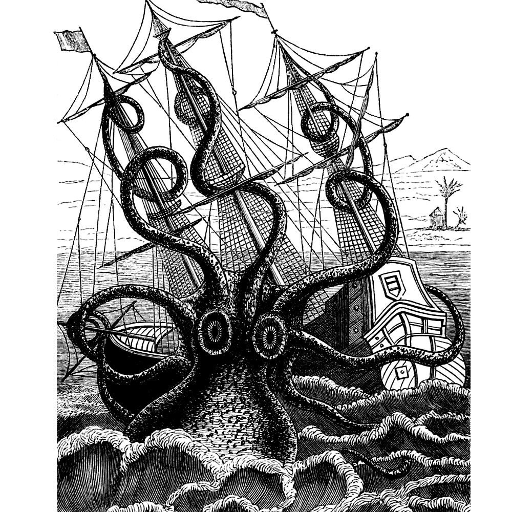 Giant Octopus Attacks Pirate Ship Nautical Vintage Style Art Print