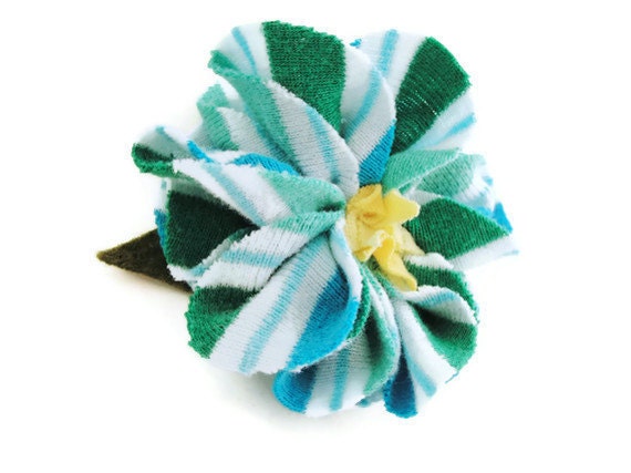 hair clip floral upcycled fabric teal green striped