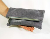 Small Purple Leather Clutch.  Foldover Zipper Bag.