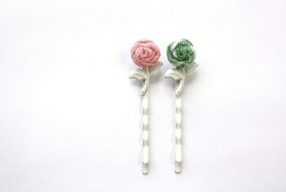 Hair Accessories, Bobby Pin Set, Pink, Green, Fabric Roses, White Metal Bobby Pins