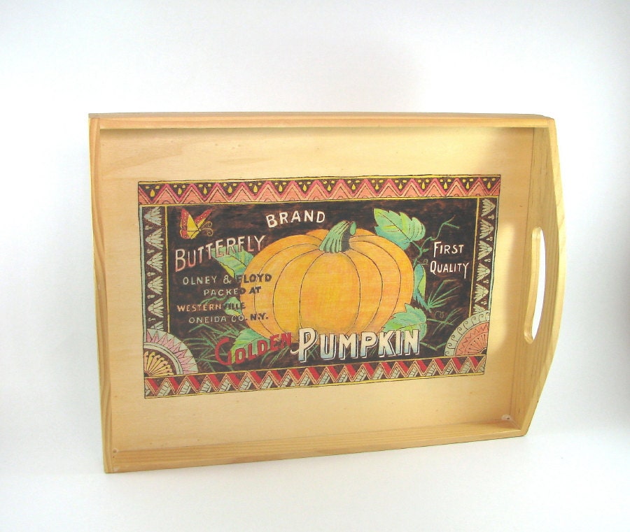 Serving Tray Decoration - Wood Pyrography - Pumpkin Fruit Crate Label wall art