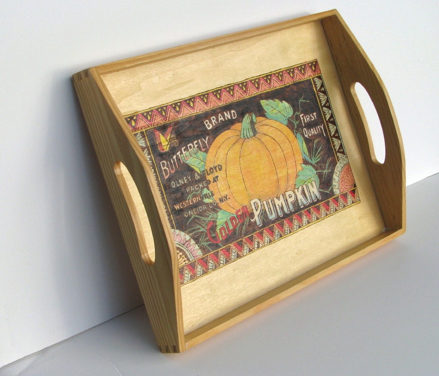 Serving Tray Decoration - Wood Pyrography - Pumpkin Fruit Crate Label wall art