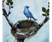 Bird Nest no. 17 Indigo Bunting Watercolor and Found Object Art Print