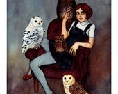 Untitled Girl with Owls Watercolor Art Print