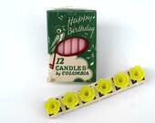 Vintage Pink Birthday Candle with Set of Yellow Rosette Candle Holders - New Old Stock